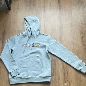 adidas Light Blue Crewneck Hoodie with Multicolor Logo